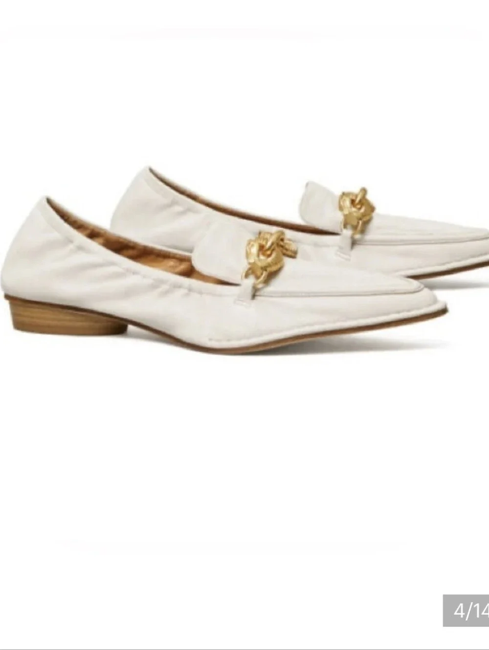 Tory Buch Jessa Pointed Toe Leather Slip On Loafers Gray Gold Chain Hardware